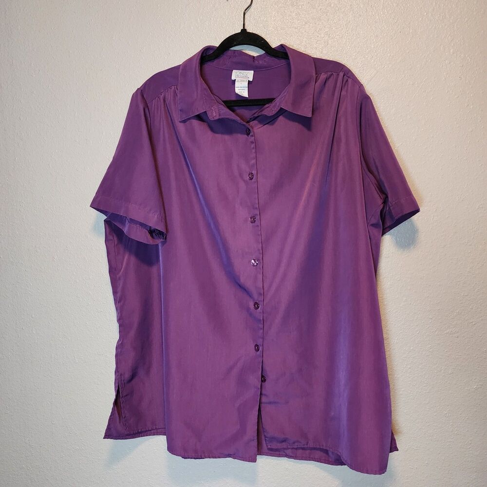 Vintage Only Necessities Purple Silky Button Down Shirt Short Sleeve Casual L